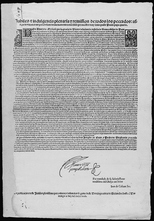 Figure 3.1. A faded archival document shows the Latin print and scripted nature of an indulgence given by the Catholic Church in the sixteenth century.