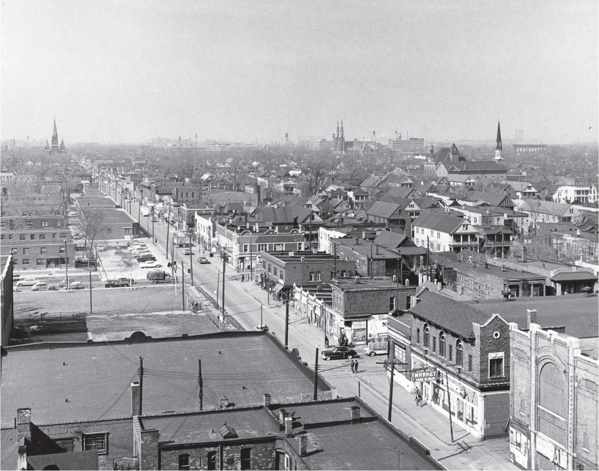 Figure 4.2: A panoramic view of a commercial street in the midst of a densely developed neighborhood showing Hastings Street as it was in its heyday in the 1940s as the center of Detroit’s Black community.