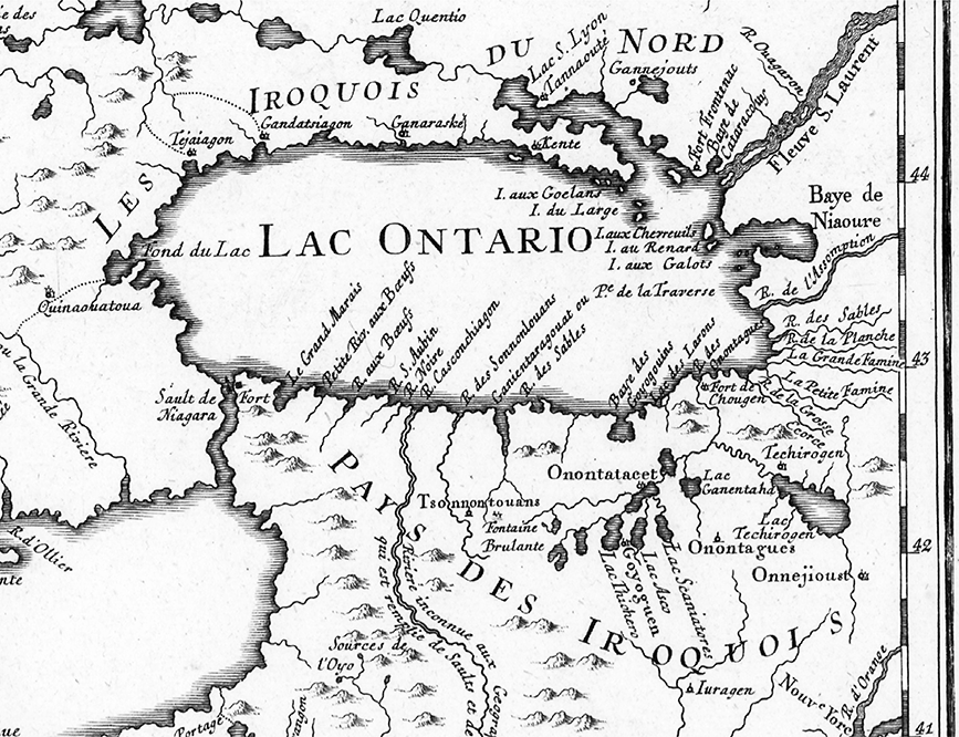 Enlarged image of Bellin's 1755 map with Lake Ontario in the center and showing Haudeonsaunee village locations and footpaths all around the lake. The continued occupation of villages along the north shore of Lake Ontario underscored their importance for subsistence and market activities.