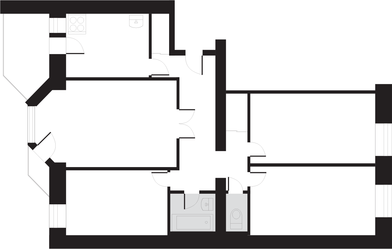 An apartment building with four-room apartments containing one sanitary block.