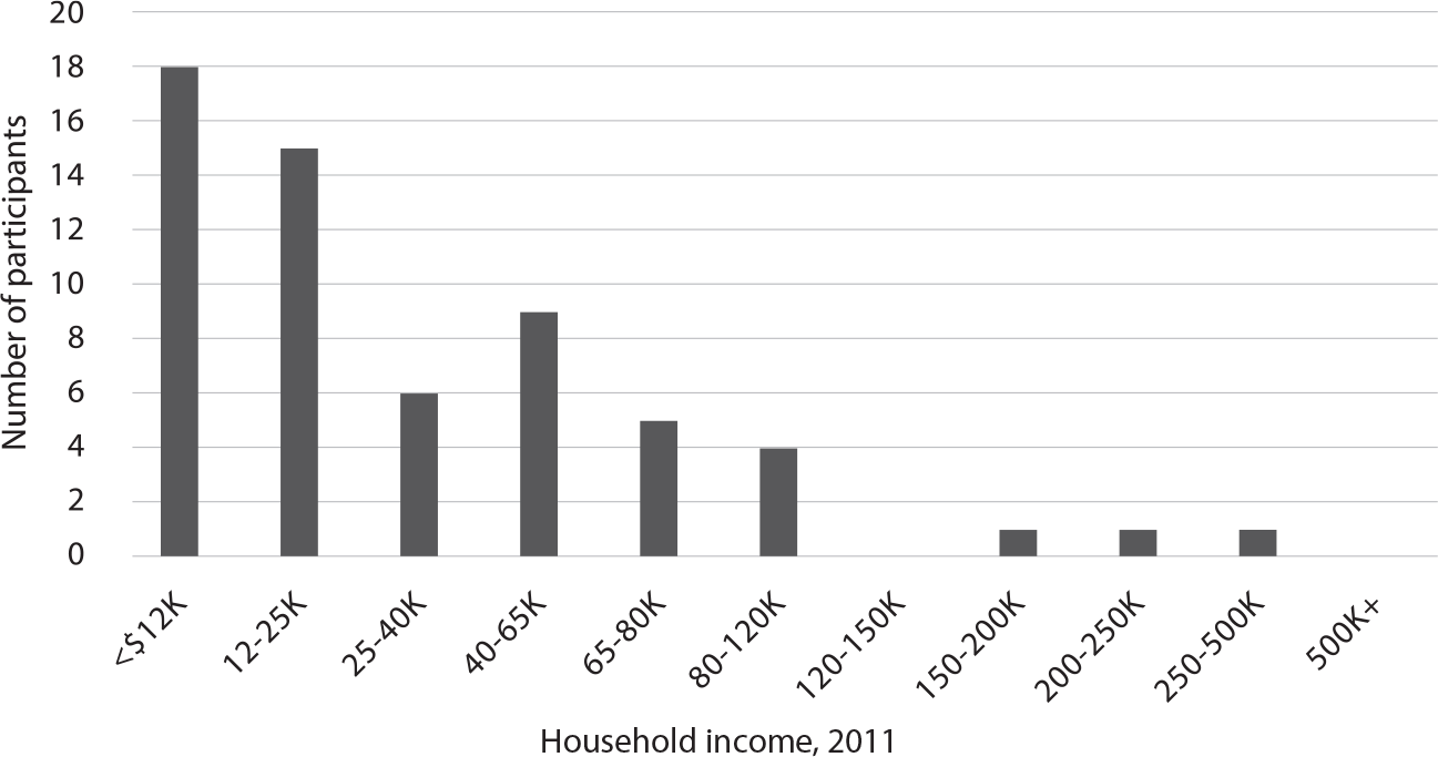 Bar graph showing numbers of participants whose household income in 2011 fell into each of eleven income categories from <$12K to $500K+. More than half were in the lowest two categories (<$12K to $25K).