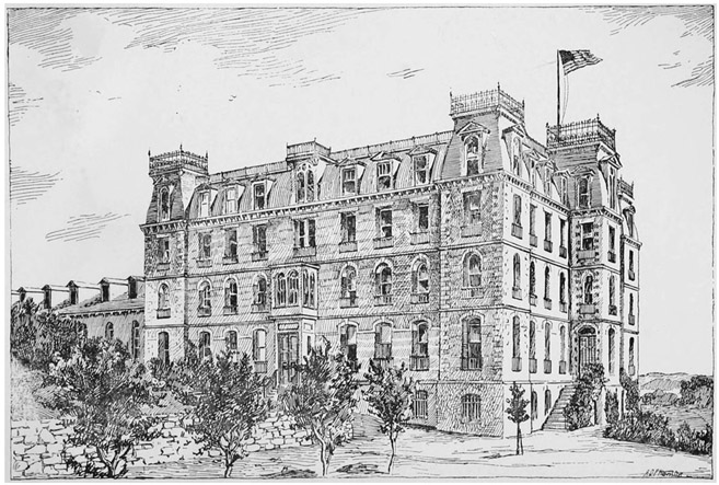 Figure 7.1. A drawing of an impressive, five-story stone building that is flying the US flag.