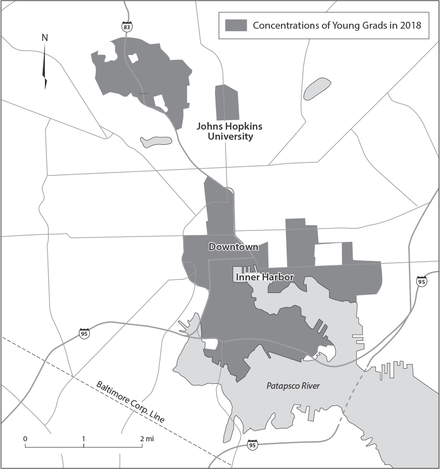Figure 7.2: A map of areas in Baltimore with concentrations of young grads in 2018. The number of areas has grown dramatically to encompass much of South Baltimore, downtown, and a large area west and north of Johns Hopkins University.