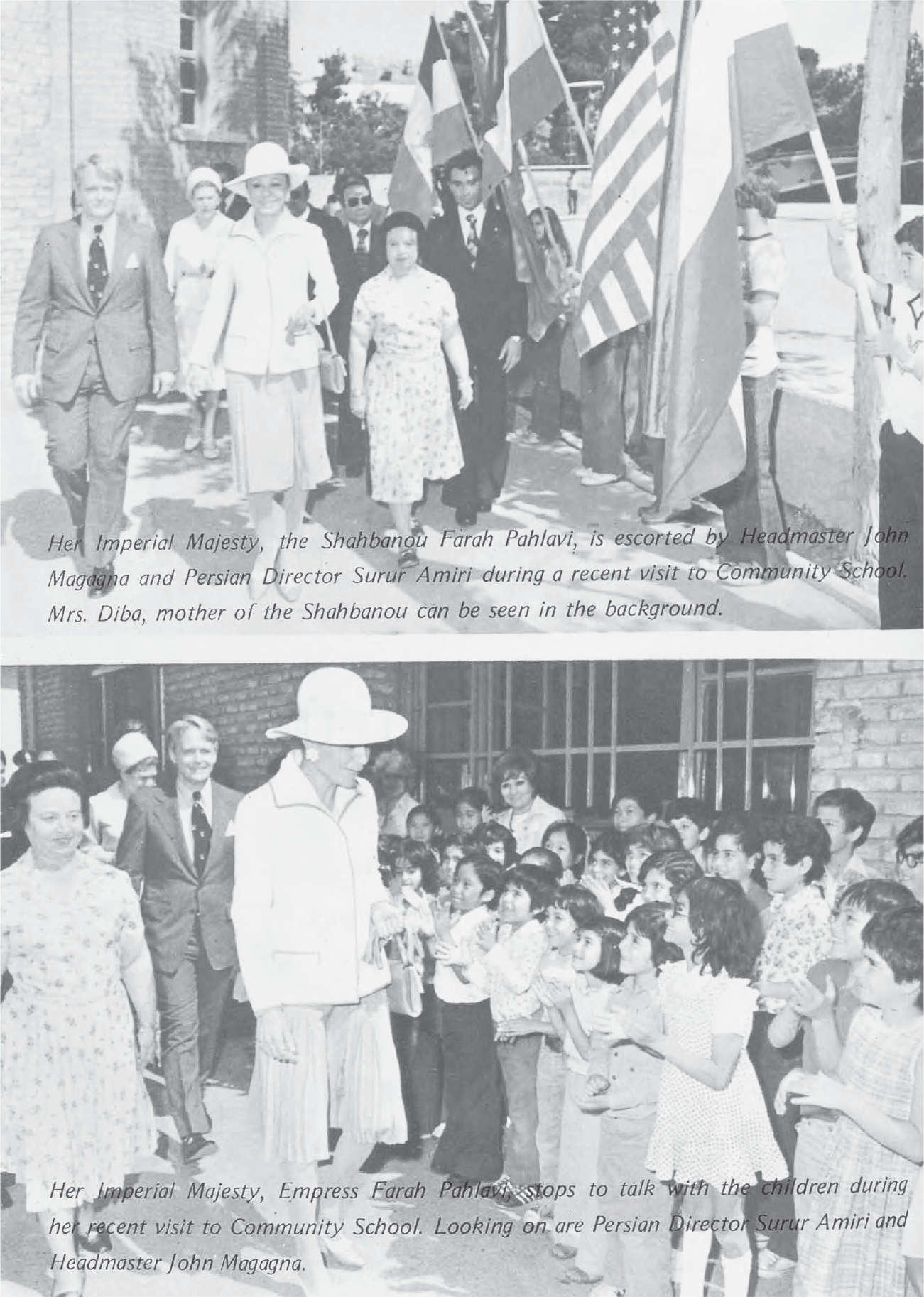 The image of Empress Farah Pahlavi at Community School, with headmaster John Magagna and Persian director Surur Amiri, is visual evidence of Iranian support for the institutions of the Presbyterian Mission. The split-screen images—which feature flags of, and students from, different countries—underscore the internationalist ethos of Community School.