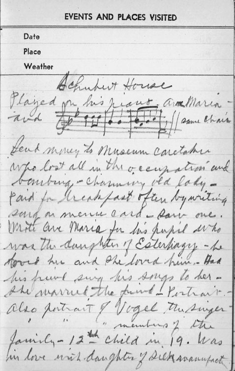 A page of hand-written text with a small musical score drawing at the top.
