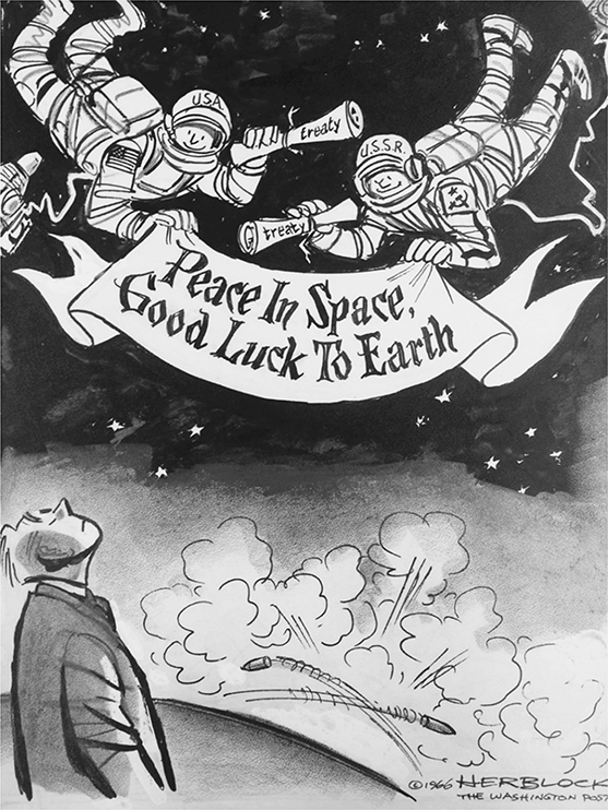 A drawing of two smiling astronauts floating in space and holding a banner that reads “Peace in Space, Good Luck to Earth.”