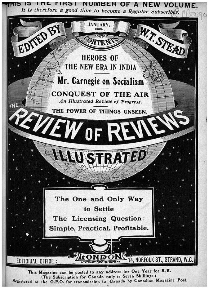FIGURE 3.1 / Cover of Review of Reviews, vol. 29, January 1909, 585. General Reference Collection, British Library. Shelfmark P.P.6365.d., © British Library Board.