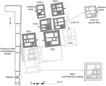 Figure 3.4. A settlement plan showing the domestic quarter from the late fourth and early third century BCE at Tebtynis, east of Soknebtynis temple.