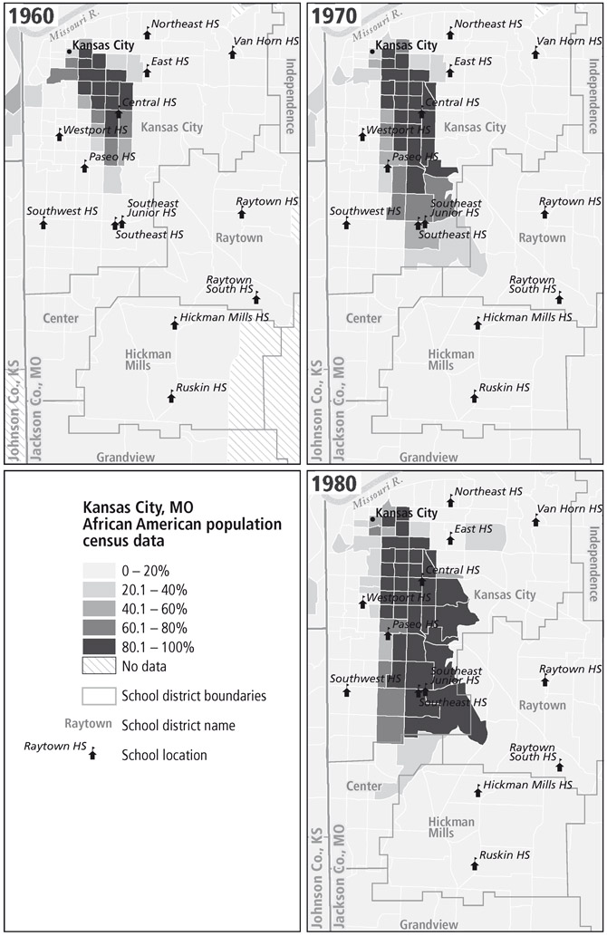 MAPS 3.1–3.3 Kansas City public high schools and expansion of African American settlement, 1960, 1970, and 1980