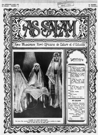 Figure 6.1. A cover of as-Salam that prominently features a black-and-white photograph of three Muslim women musicians dressed in haiks with their faces uncovered.