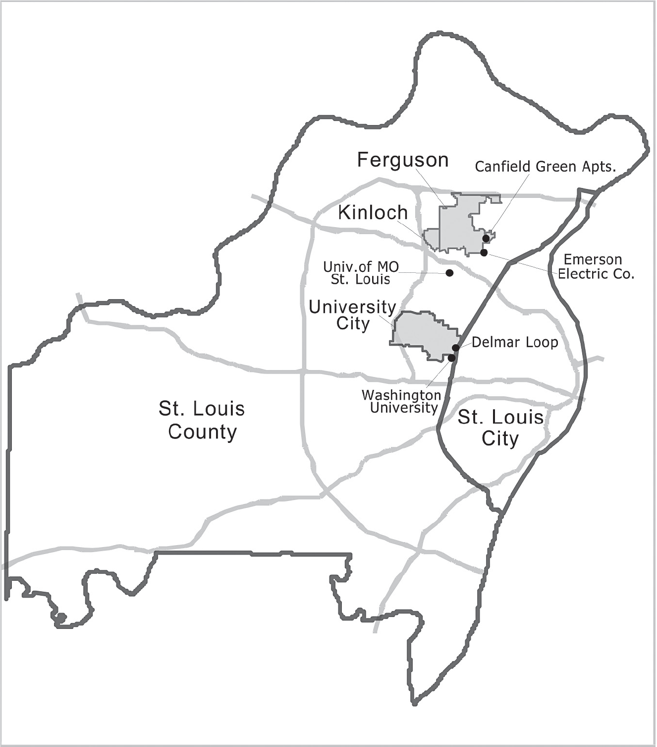 Figure 13.5: A map showing Ferguson, Missouri, and surrounding communities