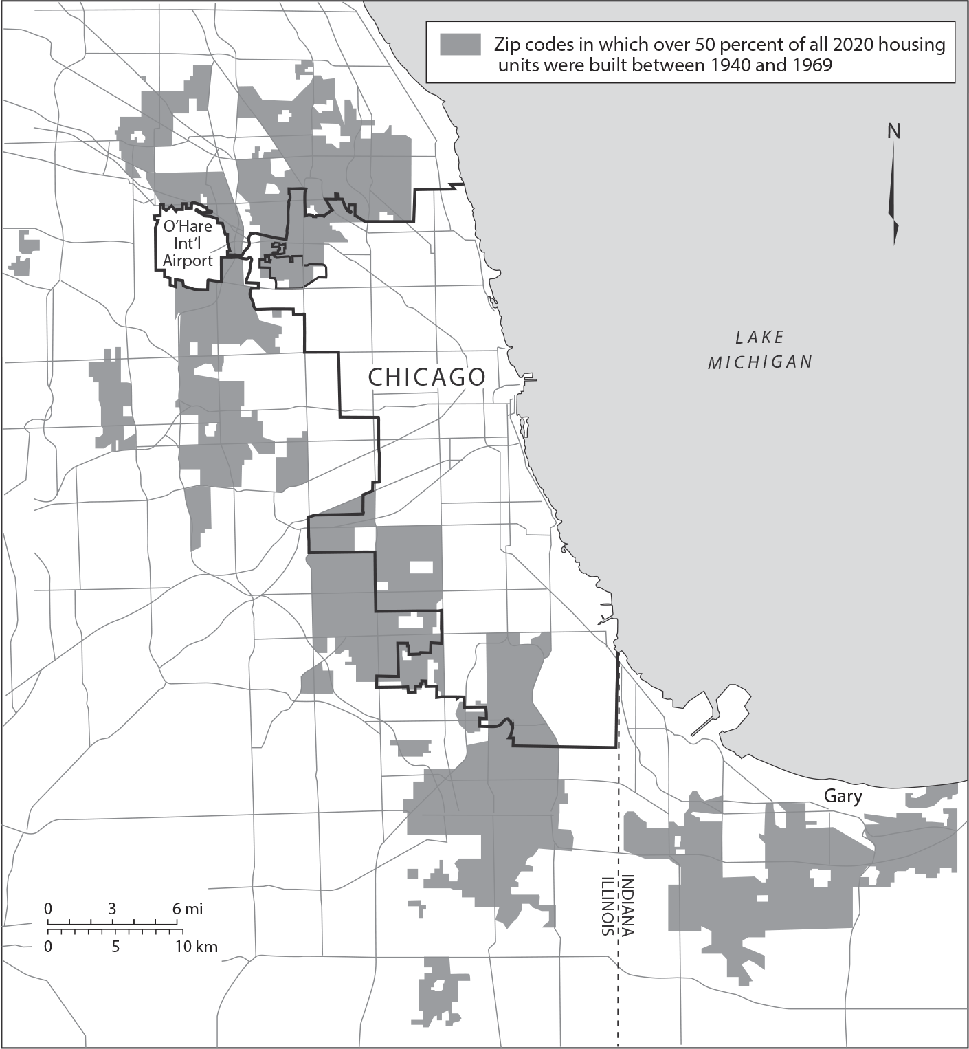 Figure 13.2: A map of the Chicago area showing areas where half or more of the houses were built between 1940 and 1969.