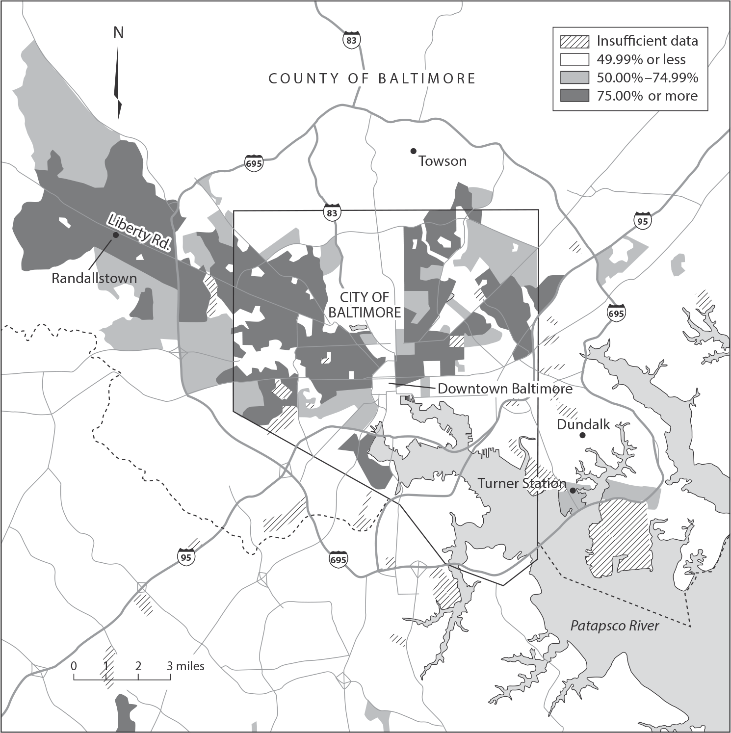 Figure 13.9: Map showing areas with large Black populations in Baltimore County in 2019 depicting the concentration of Black residents along the Liberty Road corridor.