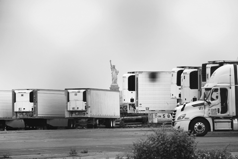 Figure 7. In Brooklyn, the Statue of Liberty looms over refrigerated morgue trucks holding the bodies of people who died of COVID-19.