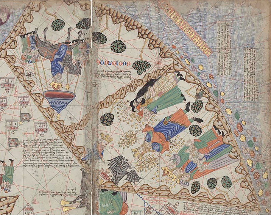 Figure 15. Detail of the Catalan Atlas showing northeastern Asia. Two compartments are enclosed by striated brown lines with wavy crests that represent mountains. In the lefthand space, a crowned figure rides a horse; in front of and behind him, smaller figures on foot carry spears, and poles that hold up a canopy over the mounted king. Written next to this group is “Gog I Magog” (Gog and Magog). In the righthand compartment, a crowned figure (Alexander the Great) points at a black figure with horns and wings (the devil). Above them, a standing crowned figure holds in each hand golden branches with golden balls on them; golden balls rain down on groups of smaller figures to his right and left.