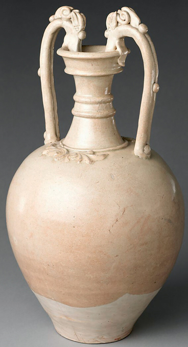 Figure 4. Gray-brown ceramic vase with ovoid body and tall neck recalling the shape of Greco-Roman amphoras. Two handles rise from the body and have heads resembling Chinese dragons that bite the rim.