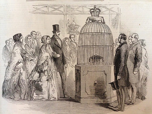 Figure 3.1. Line drawing of women and men in formal dress standing around a display case. It looks like a large birdcage mounted on a hexagonal base.