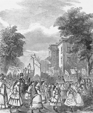 Figure 2.8. A city street is crowded with well-dressed girls and young women, some carrying banners, in Brooklyn’s annual Anniversary Day parade.