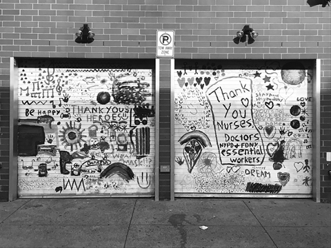 Figure 6. Two colorful street murals, with hearts and musical notes, say “Thank-you heroes” and “Thank You Nurses, Doctors, NYPD & FDNY, essential workers.”