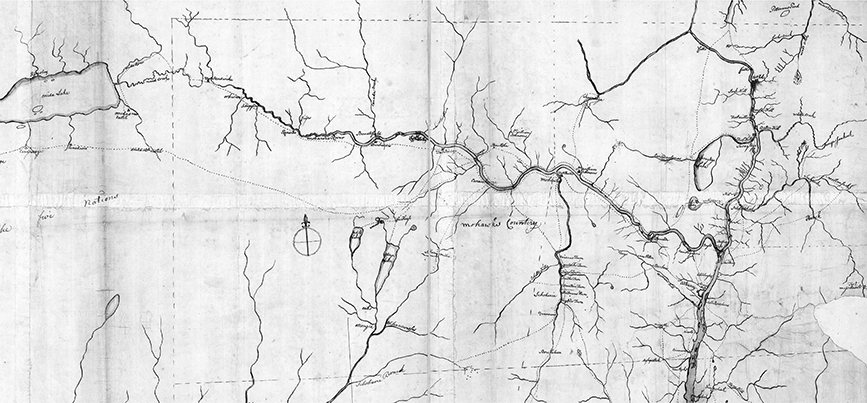 Map provides extensive environmental detail of the Mohawk River and its numerous feeder creeks, as well as geographic spaces south and west of Mohawk villages. The map also shows the growth of colonial settlements deep within Mohawk homelands that increased pressures on subsistence resources.