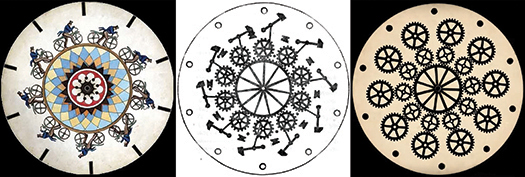 Figure 5.2. Three phenakistoscope disks showing various kinds of wheels: a man riding a bicycle, a machine-powered axe rotating on wheels, and a series of cogs stacked on top of each other.