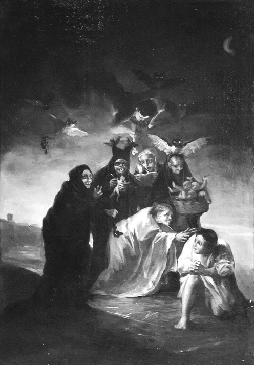 Figure 5.1. Five haunting women surrounded by owls and holding bloody baby parts accost a man dressed in white as he cowers on his bent knee in prayer.