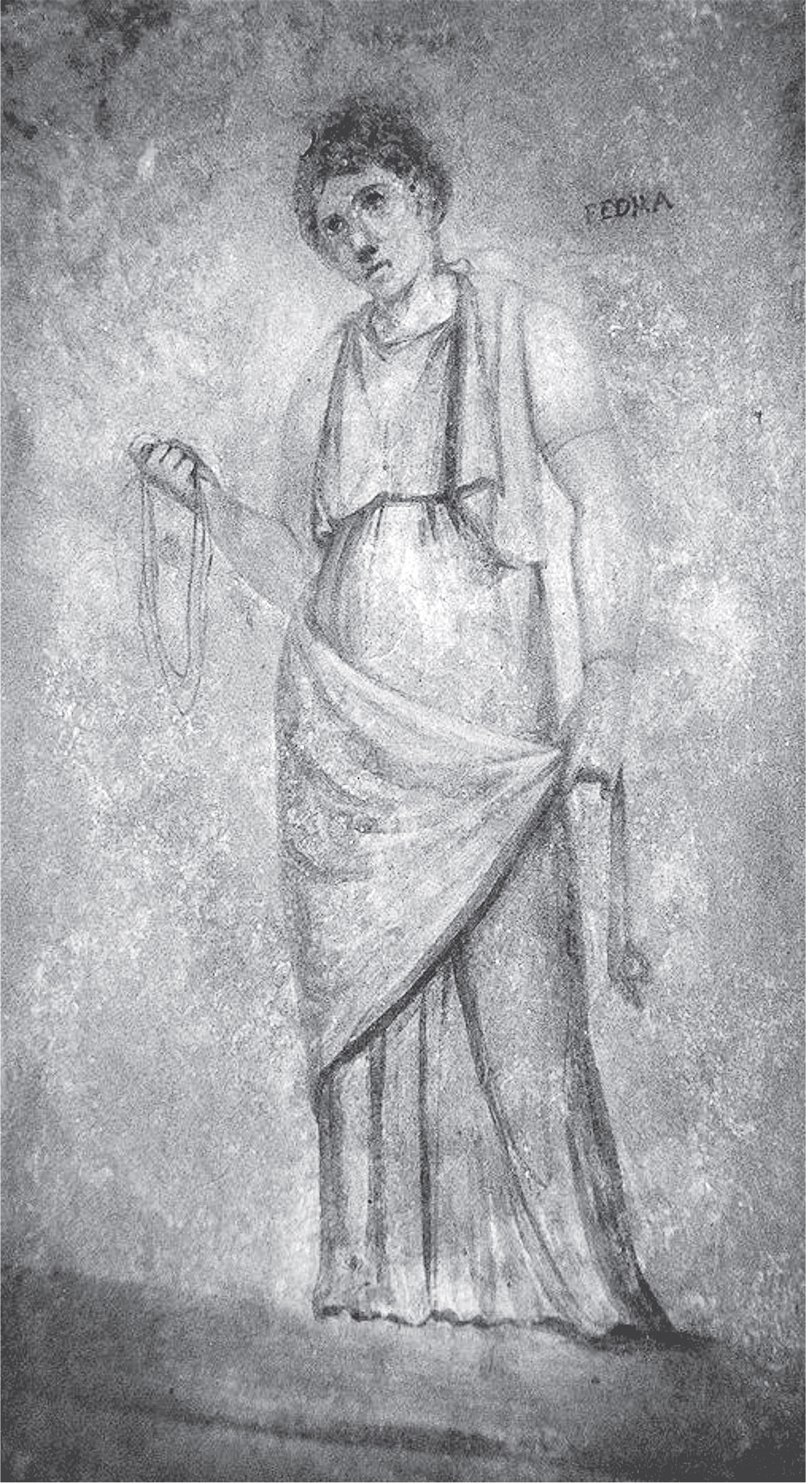 Wall-painting of Phaedra from the Villa of Munatia Procula, Tor Marancia, Vatican, sala delle Nozze Aldobrandini inv. 79636. Photograph courtesy of B. Bergmann, all rights reserved. Reproduced from Bettina Bergmann, “The Lineup: Passion, Transgression, and Mythical Women in Roman Painting,” <i>EuGeSta</i> 7, 2017, fig. 5.