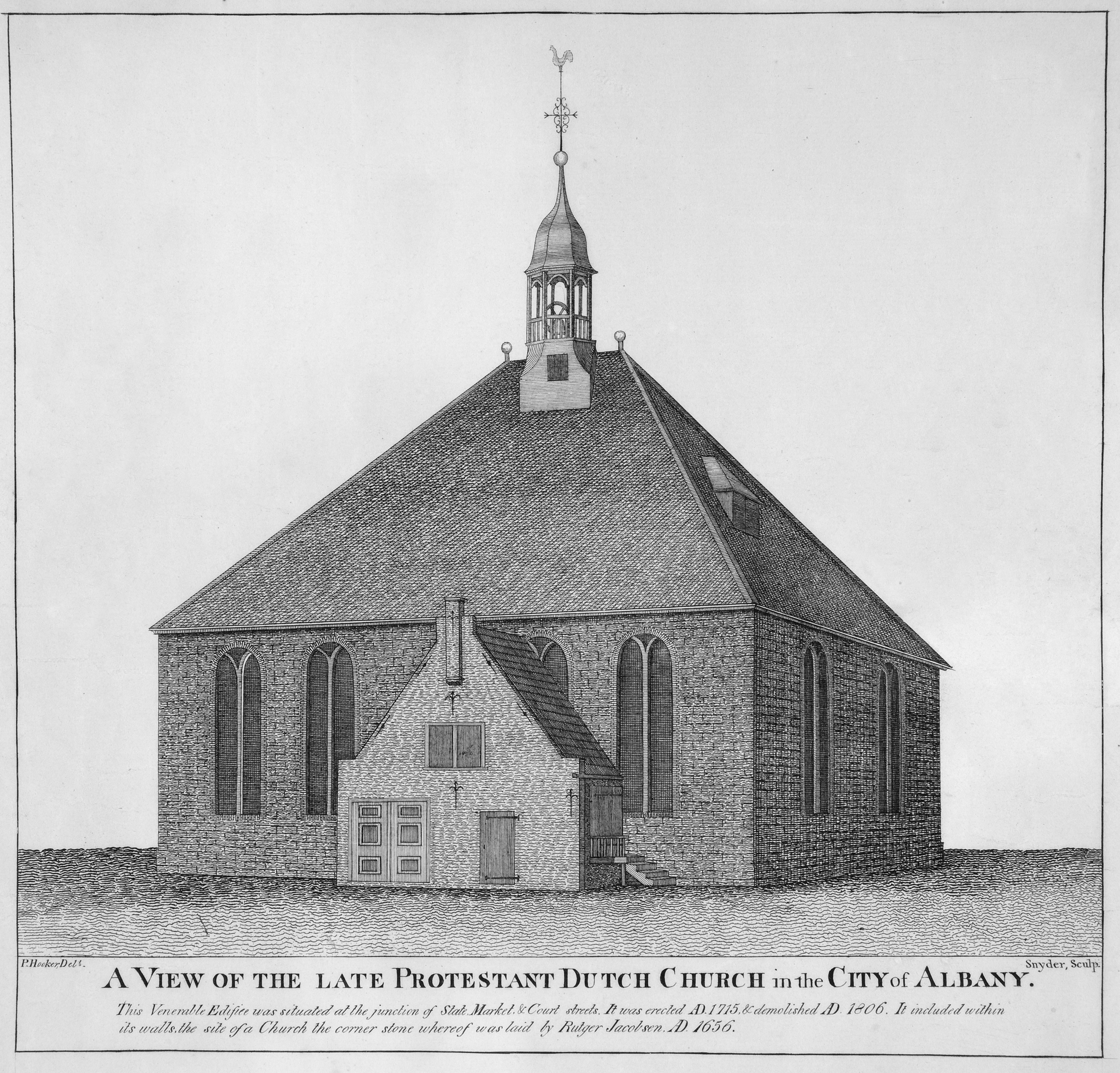 An engraving of a square-shaped church with turret-mounted belfry in the center of the roof. A small gable roof building is attached to the church with a stoop on the side.