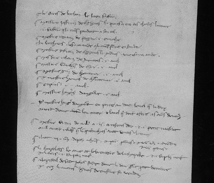 Figure 2. A medieval parchment roll with a one-column list of items and their intended recipients.