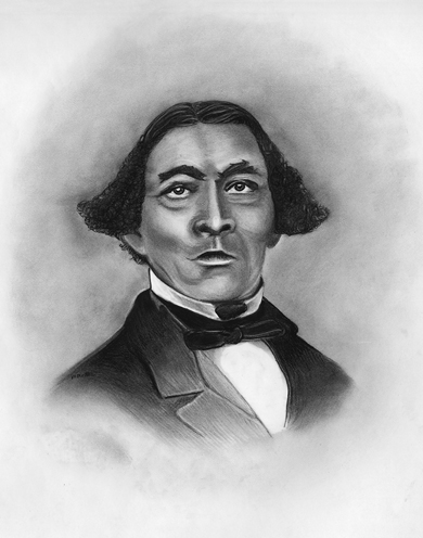 This contemporary drawing of the Albany Black rights activist Stephen Myers emphasizes the strength of his features—long nose, rising cheekbones, emphatic eyebrows, shining gaze, and, of course, his striking hair, which here is combed down and away from the sides of his strong head only to lift again with the buoyancy of wings.