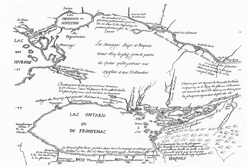 Map centers the territory north of Lake Ontario, or Frontenac, as primary hunting lands for beaver and notes that the Iroquois trade their furs with the Dutch. Map is filled with descriptive text of Indigenous activities in the geographic spaces portrayed.