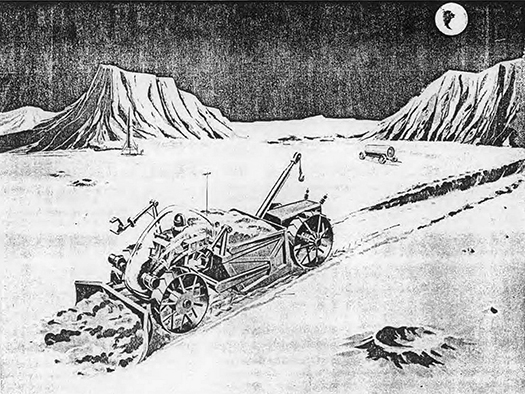 A vehicle with large metal wheels, a plow, and a clear glass dome covering the driver is shown clearing a path across a lunar landscape.