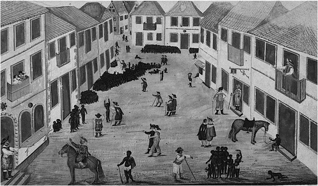 Figure 4.2. View of a street lined with houses, about half of which have balconies. More than a hundred black men, women, and children can be seen, divided into about six groups of uneven size. In addition, more than a dozen white men—all wearing hats—and one white woman are shown.