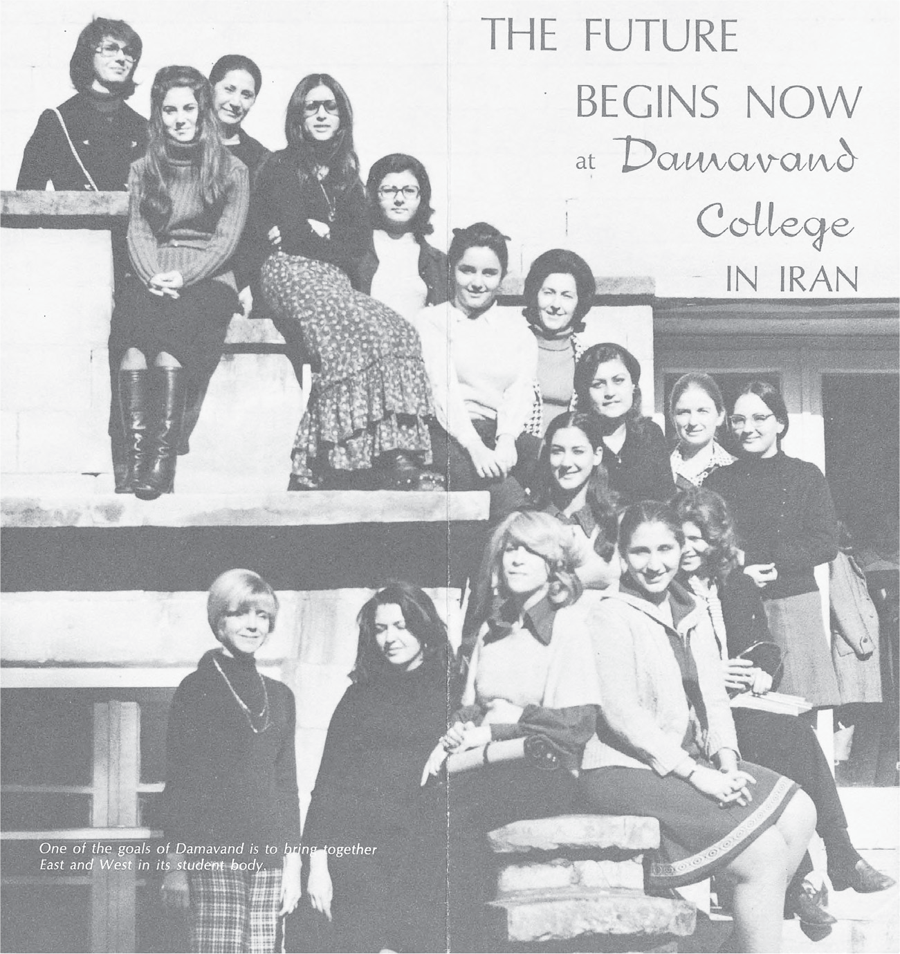 The Damavand College brochure features more than a dozen young women—all unveiled—sitting in an ascending manner. The image portrays the ways in which Iran Bethel and its successor, Damavand College, considered their educational programs for women “revolutionary” in an Iranian context.
