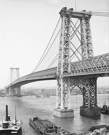 Figure 6.1. A photograph of the Williamsburg Bridge. A small ferryboat and a rotting dock are in the foreground; a larger passenger boat has just passed under the bridge.