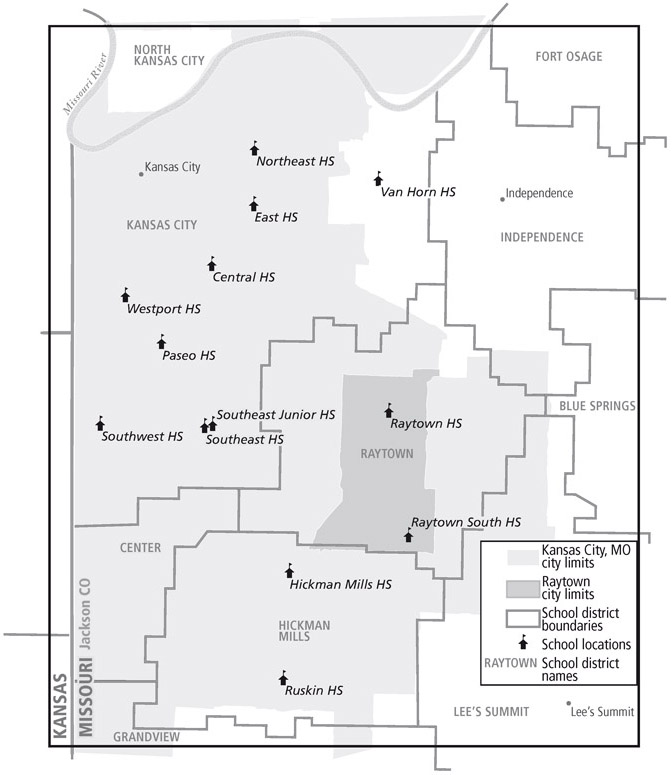 MAP 4.1 Districts and schools in Kansas City and South Kansas City, 1980