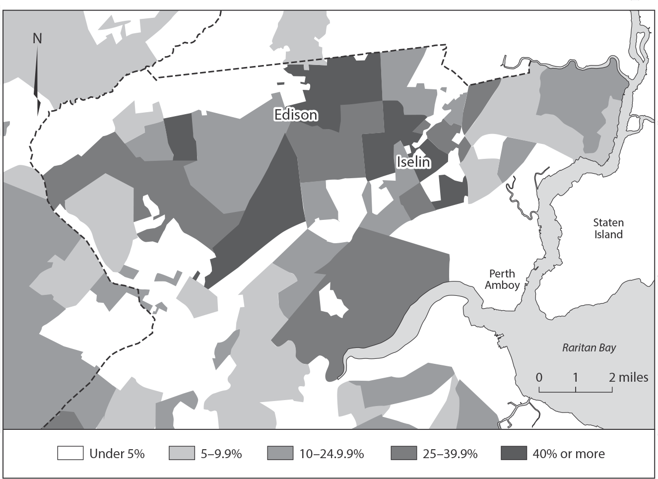 Figure 7.4: A map of part of central New Jersey showing areas where the Indian American community makes up a significant share of the population.