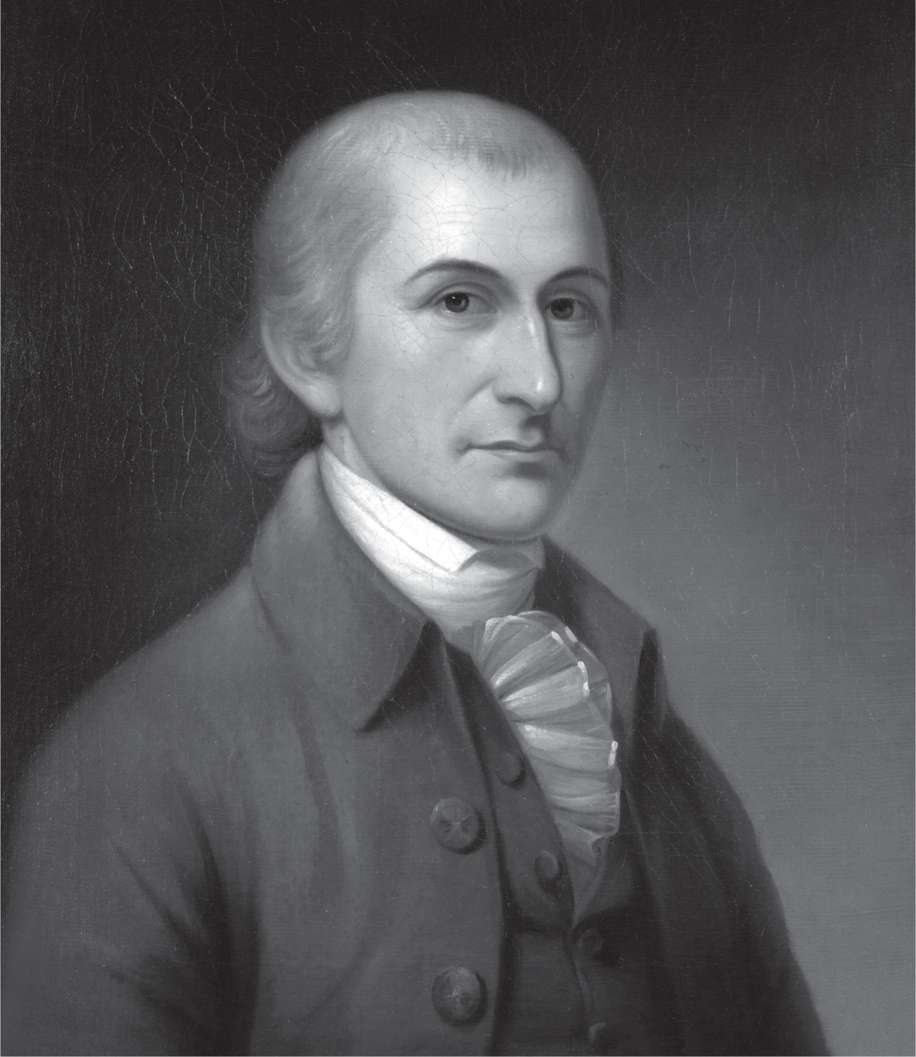 A balding man fixes a steady, serious gaze. He is formally attired with a high collar and ruffled shirt front. His graying hair is swept back and neatly combed in a painting that conveys his self-assurance and status, without ostentation.