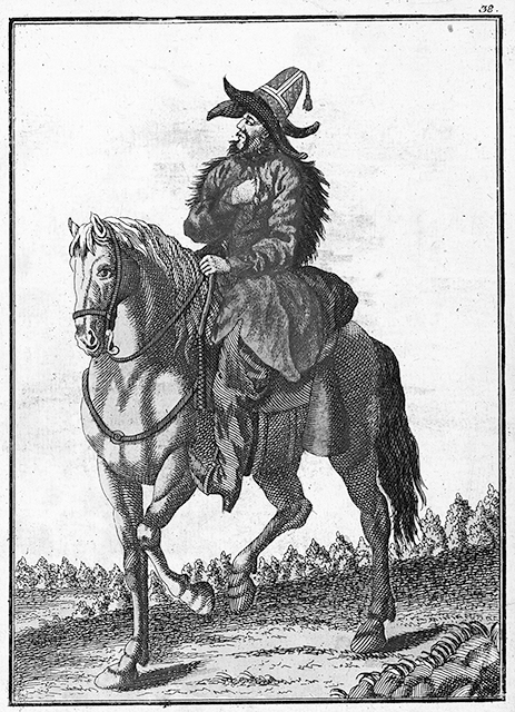 Figure 5.4. A Kirghiz man on horseback, with the horse trotting in a grassy field. The man is wearing fur-trimmed red clothes and a large red hat.