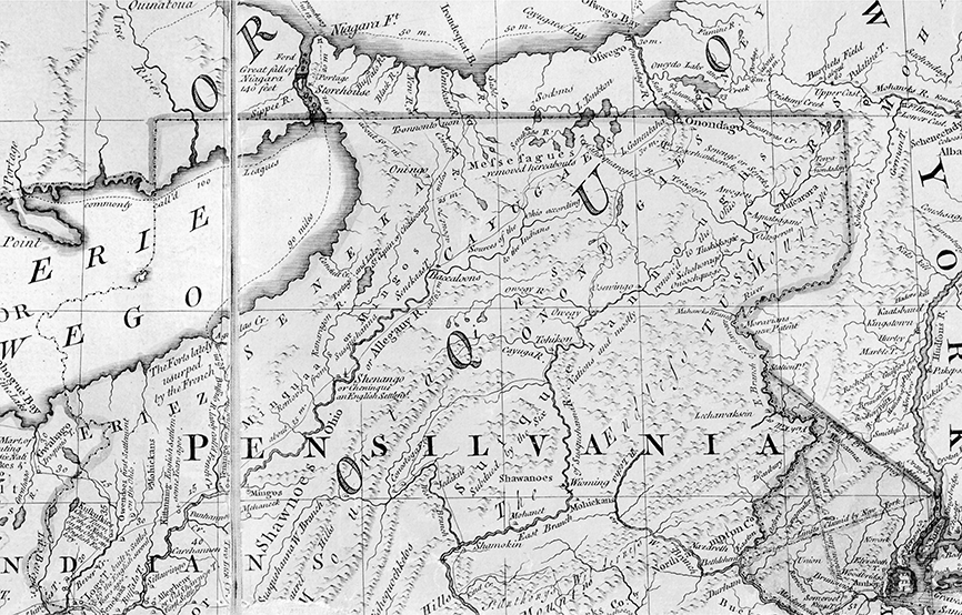 Enlarged section of John Mitchell's Map of the British and French Dominions in North America, 1755, attempts to highlight British environmental and geographic knowledge of the Upper Susquehanna River Valley and southern Haudenosaunee homelands. Mitchell's map, however, demonstrates the ability of Haudenosaunee men and women to limit settler intrusion into critical ecosystems.