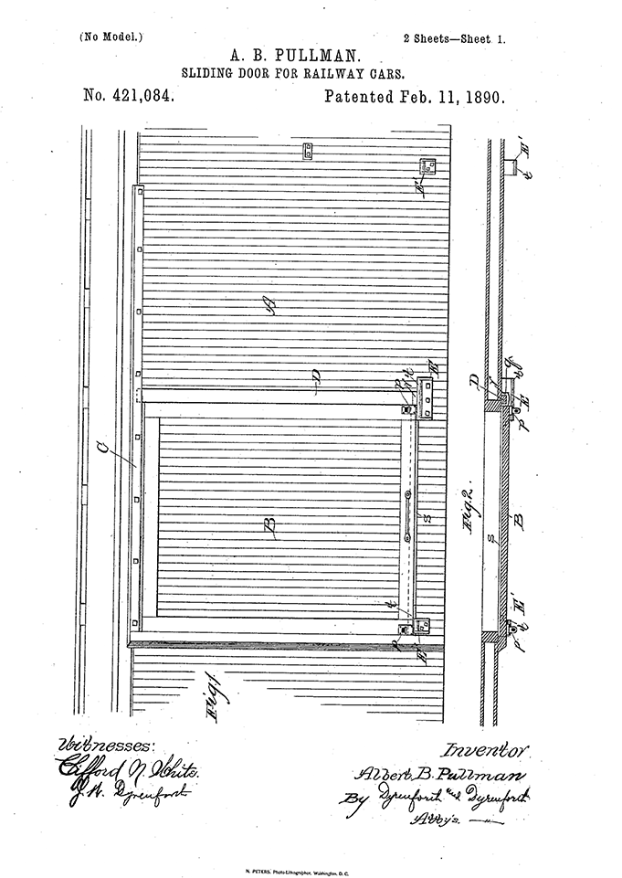 Line drawing of a section of Albert Pullman's sliding freight-car door patent, his one lasting invention.