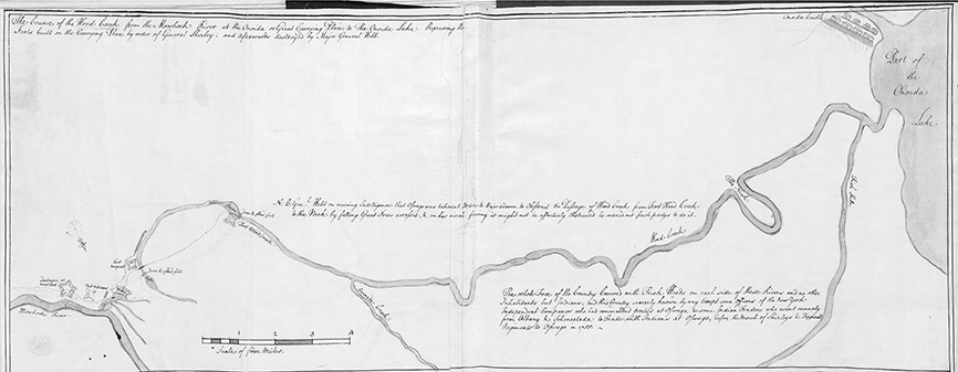 The map shows the headwaters of the Mohawk River and Wood Creek, with the portage between them as the Great Carrying Place. The British have constructed numerous forts along the portage and dams to control the flow of water. The British also felled trees along Wood Creek to block French access to the Mohawk River and British settlements closer to Albany after the loss of Fort Oswego in August 1756.