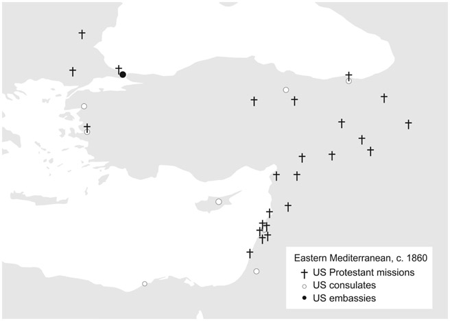 Figure 4.1. A close-up map of the missionary and diplomatic presence in the eastern Mediterranean, circa 1860. Though both diplomats and missionaries were active in Ottoman territory, missionaries were quite spread out and often lived at a distance from consulates.