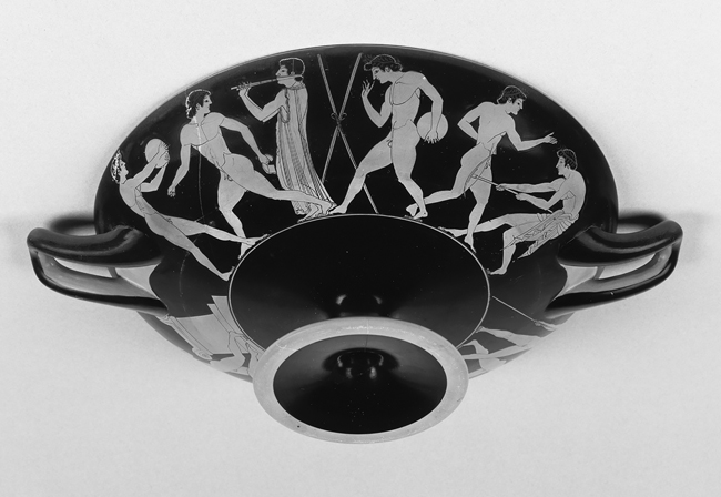 Side view of a ceramic bowl with two handles and with figures painted all around it.