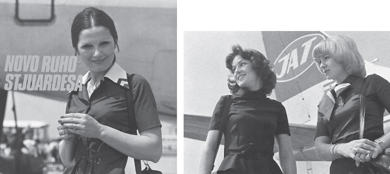 Figures 8.7 and 8.8. In figure 8.7, a stewardess smiles into the camera wearing the final version of the JAT uniform. Some of the uniform’s features, including the tricolor design on the collar and a tie at the waist, can be seen. The English translation of the text in the image reads: “New stewardess attire.” In figure 8.8, two stewardess models sport alternative options for the new JAT uniform.