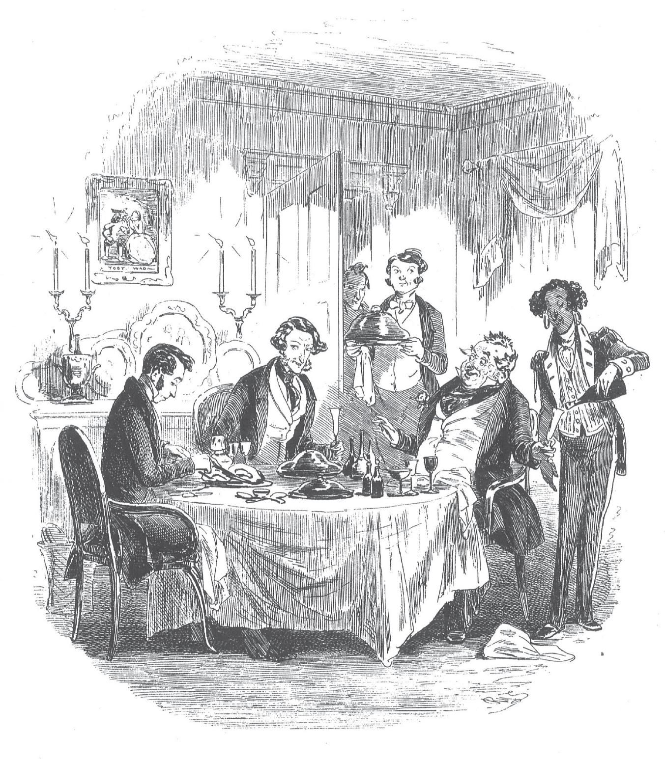 Figure 4: A dinner table scene shows Carker seated on Dombey’s left, Bagstock to the left of Carker, and the Native standing to the left of Bagstock while refilling his wineglass.