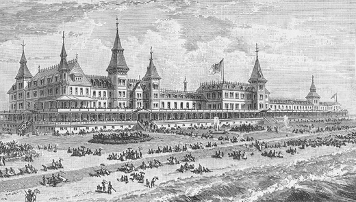 Figure 4.4. A large and elegant Manhattan Beach Hotel sprawls along the beach on Coney Island. Many people walk along the beach and in the gardens immediately behind the hotel.