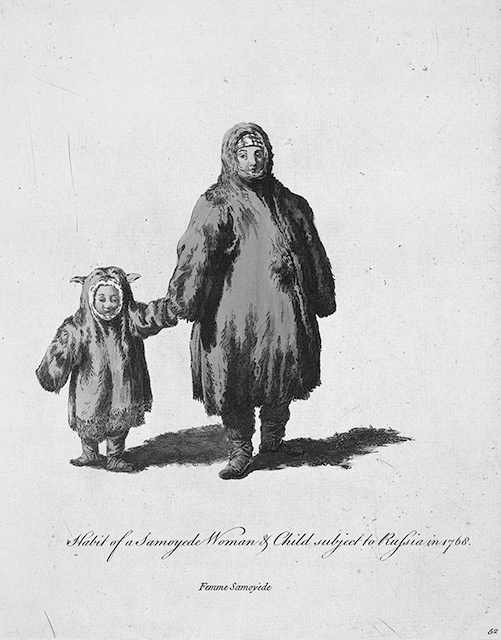 Figure 4.1. Samoyed woman wearing a large, brown fur coat is walking hand in hand with a Samoyed child, wearing an equally large fur coat, who may be her child.