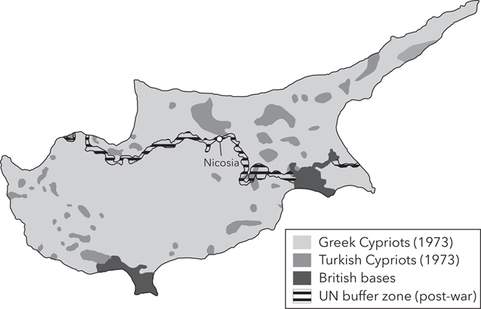 Figure 3.9. The map of Cyprus illustrates geographic control of the island by different entities in 1973. Greek Cypriots occupy the vast majority of the island. Turkish Cypriots have smaller enclaves scattered around the island. Two British bases are established on the southern coast. The capital city of Nicosia sits inside a United Nations buffer zone that winds across the length of Cyprus.