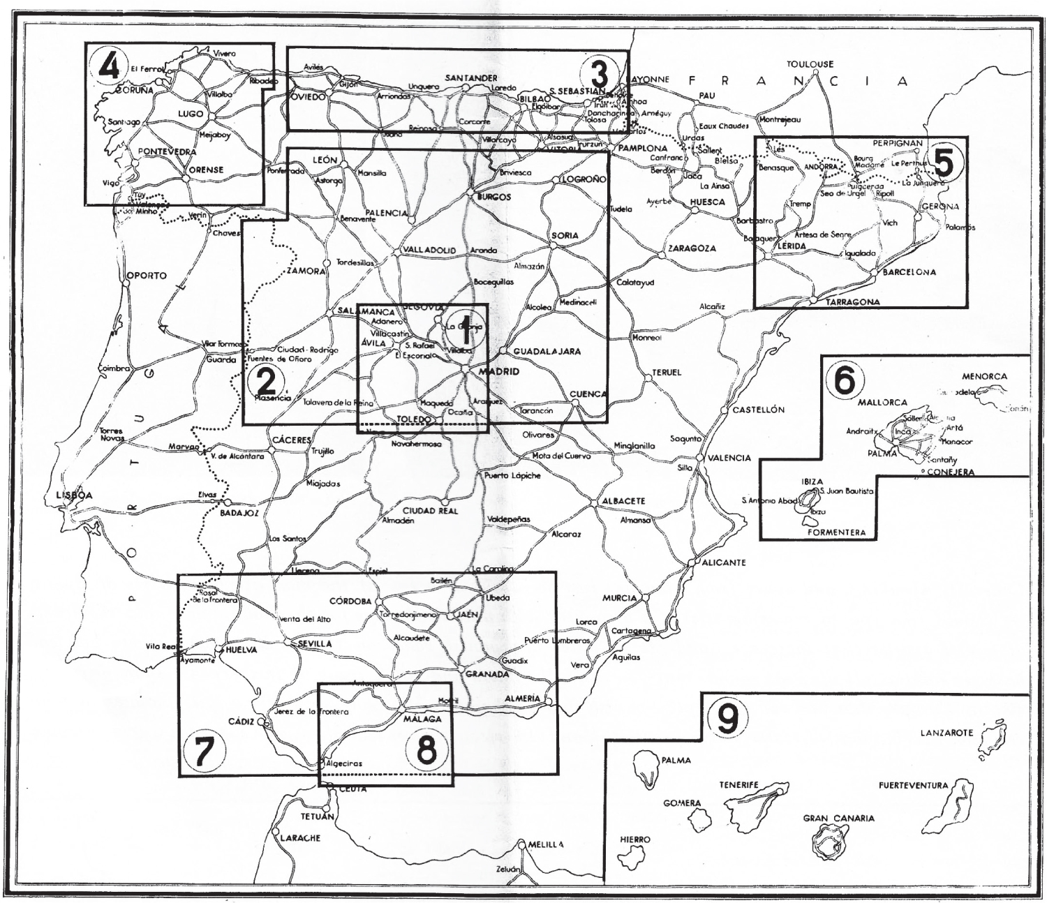 A map of Spain in a tourist booklet published by the General Directorate of Tourism, with nine numbered boxes that show which areas are discussed in the booklet.
